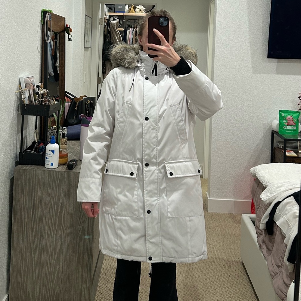 Calvin Klein Performance Quilted Down Jacket Coat with Detachable Hood – White